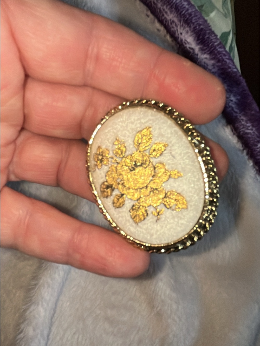 Gold Floral Embroidered Oval Brooch - Women Jewelry
